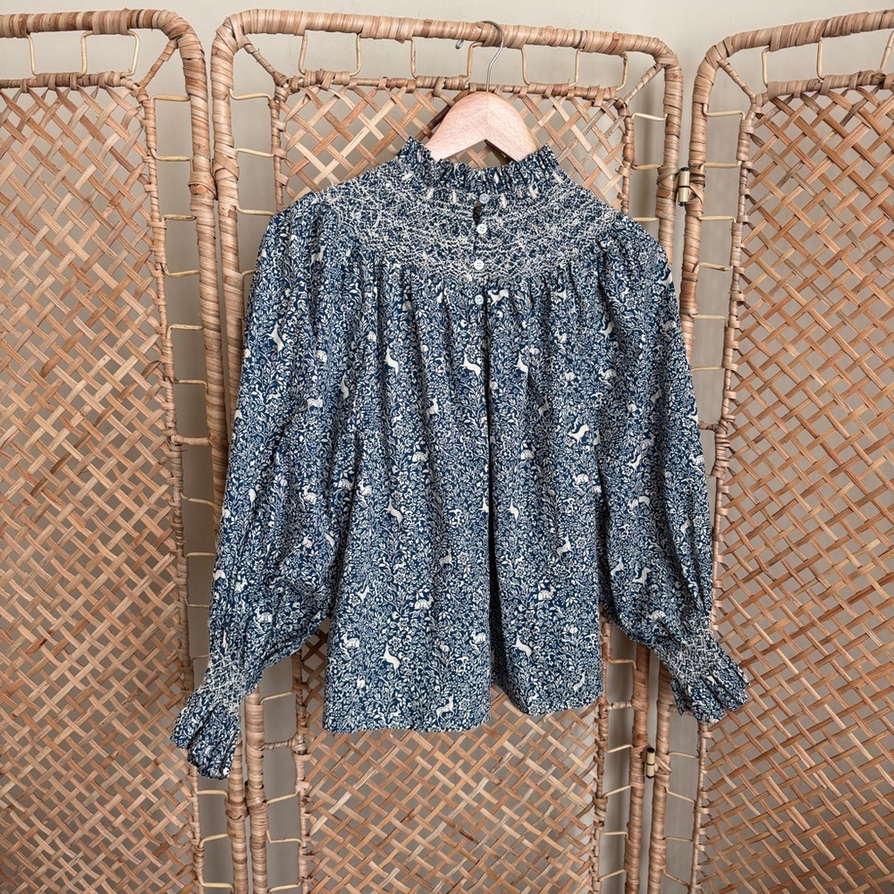 RARE Doen Amoret Floral Prancing Fawn Cottagecore Top in Blue size Small - Picture 12 of 13
